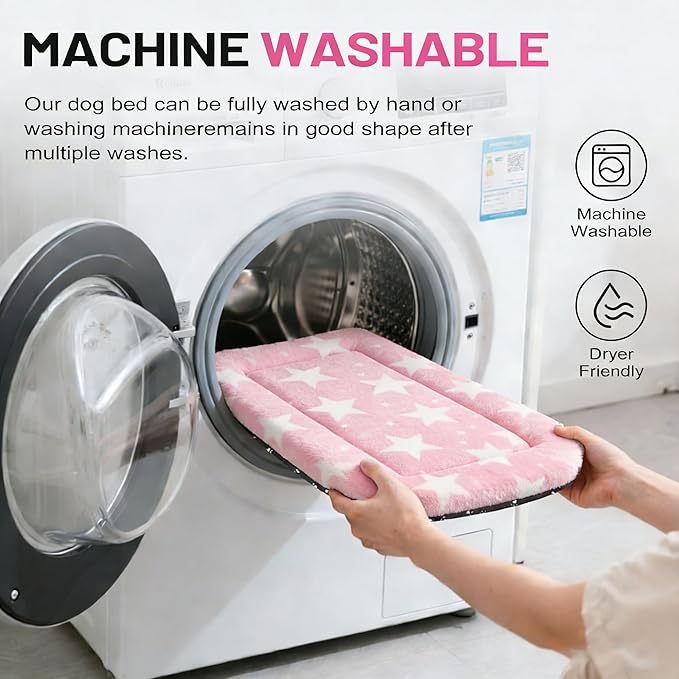 Dog Bed Mat, Reversible Crate Pad & Durable Dog Bed - Machine Washable Kennel Mat with Ultra Soft for Large Dogs (Big&Small Stars Pink, 35" L*23" W*1.5" Th)