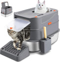 Stainless Steel Litter Box with 180° Flip-Top Lid, XXL 23.6”x 15.7”x 15.7” Enclosed Removable Metal Litter Cat Box with Filter Pedal, Scoop, Anti-Leakage, Non-Sticky, Easy Cleaning (Dark Gray)