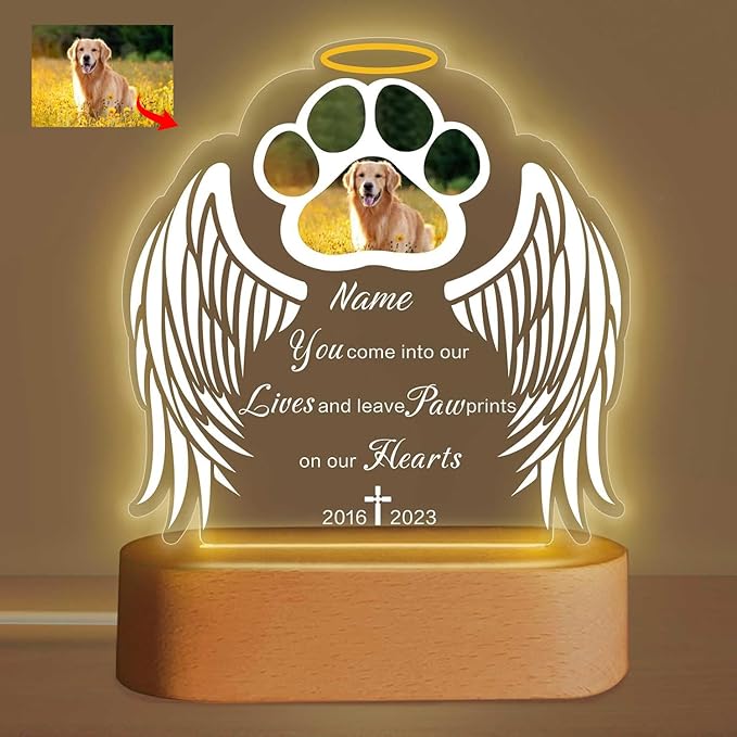 Custom Pet Memorial Night Light Gift Personalized Dog Cat Acrylic Plaque Photo Frame Sympathy Gift Condolence Gifts with Picture Name Date(Dog Paw Wing), 5.9x5.9in/7.8x7.8in