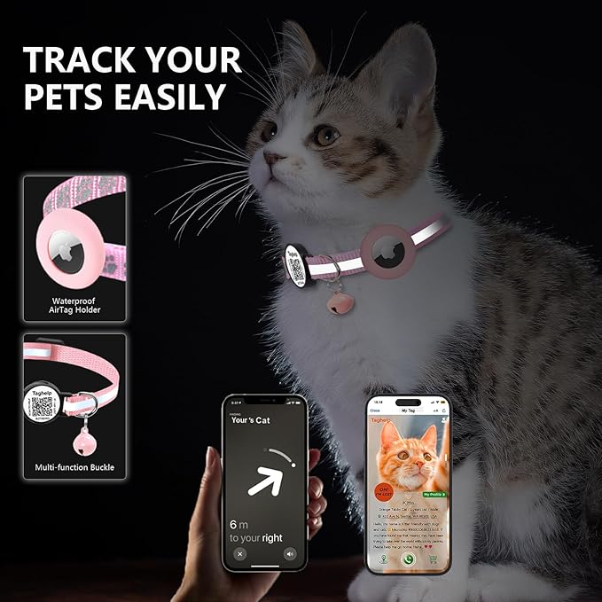 2PCS Breakaway Cat Collars AirTag Holder with Bell Cute Star &Moon Safe Kitten Collars with Pendant Glow in The Dark,Cat Collar with Smart ID tag & QR Code Reflective for GPS Boy Girl Cats (Pink)
