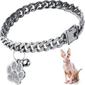 Hillban Cat Collar Diamond Chain Glitter Collar Walking Metal with Secure Buckle Cat Pet Necklace with Paw Charm and ID Tag Bell Link Cuban Jewelry Accessories Gift(8 Inch,Steel Black, White)