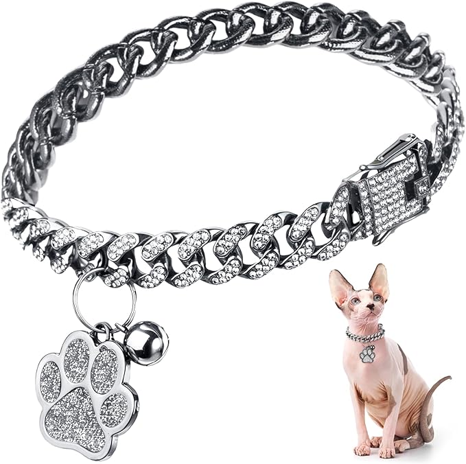 Hillban Cat Collar Diamond Chain Glitter Collar Walking Metal with Secure Buckle Cat Pet Necklace with Paw Charm and ID Tag Bell Link Cuban Jewelry Accessories Gift(10 Inch,Steel Black, White)