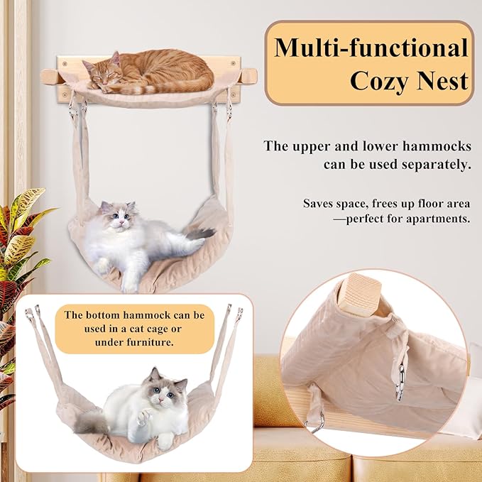 JSPYFITS Wooden Cat Wall Hammock, 18.9 x 12.6 Inch Double Layer Cat Furniture Hammock, Large Removable Multi-Function Cats Bed for Sleep/Play/Climb/Lounge Easy DIY Installation(Beige)