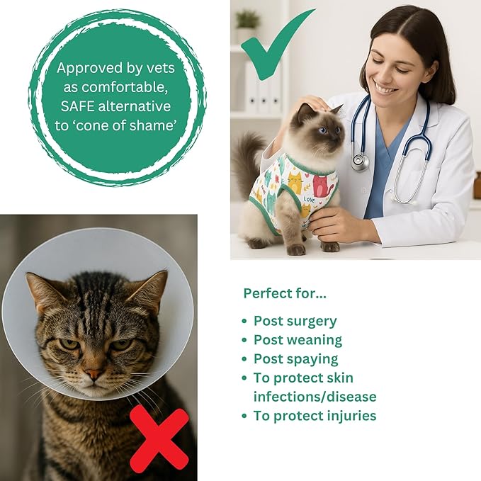 Cat Recovery Suit Surgical Onesie - Post Surgery - Soft Breathable Fabric - No-Cord Design - Protects Wounds and Skin After Spay or Neuter - Male and Female Cats | Large