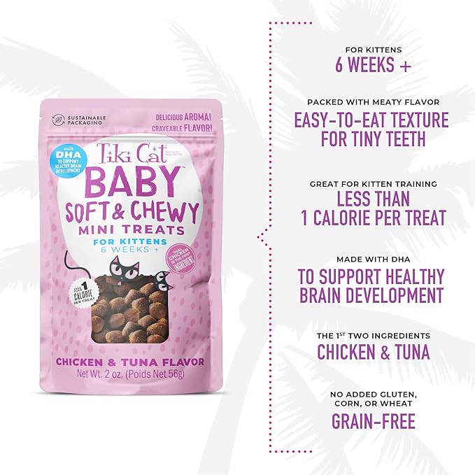 Tiki Cat Baby Soft & Chewy, Chicken Flavored, Low-Calorie, Mini Treats for Kittens 6 Weeks+, 2 oz. Pouch, Pack of 1
