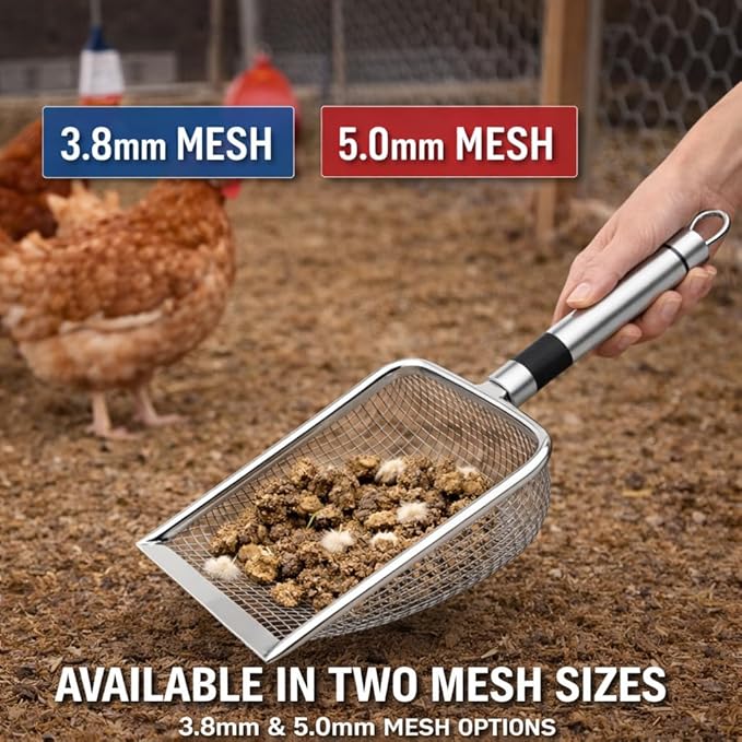 Chicken Poop Scooper 2 Pack, Stainless Steel Chicken Coop Scoop with 3.8mm & 5mm Mesh, Metal Litter Scoop for Chicken Coop Cleaning, Cat Litter Box and Sand