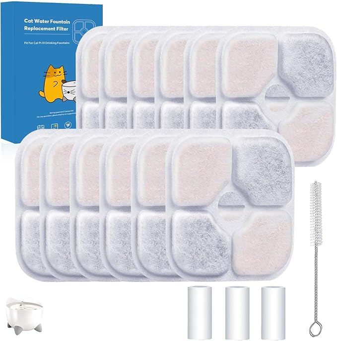 12-Pack Cat Water Fountain Filter Compatible With Catit Pixi Water Fountain Filter Replacement Triple Action Water Filter, 3 Pump Tubes 1 Hard Brush