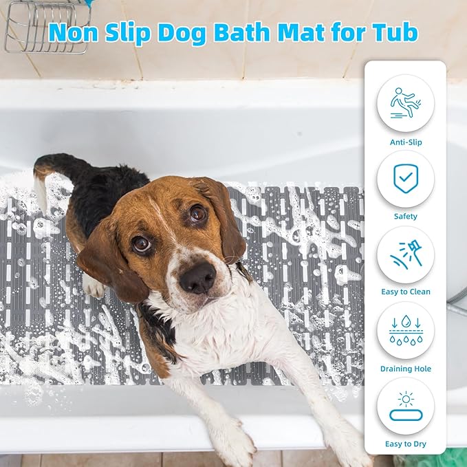 Non Slip Dog Bath Mat for Tub, Quick Drain Pet Bathtub Mat, 35.4 x 15.7 Inch Trimmable Non Slip Shower Pad with Drain Holes and 216 Suction Cups for Pet Bathing, Dog Shower Attachment (Grey L)