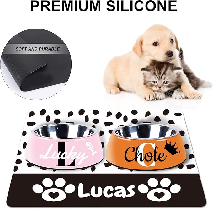 Personalized Dog Cat Food Mat PU Non-Slip at The Bottom Dog Bowl Mat Dog Mat for Food and Water Custom Pet Dog Food Mats for Floors Waterproof (Black paw Prints)