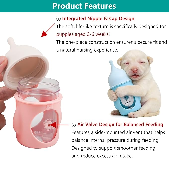 Puppy Nursing Bottle Medium/Large 80ml, Silicone Nipple Feeding Bottle for Newborn Puppies (2–6 Weeks), Pink
