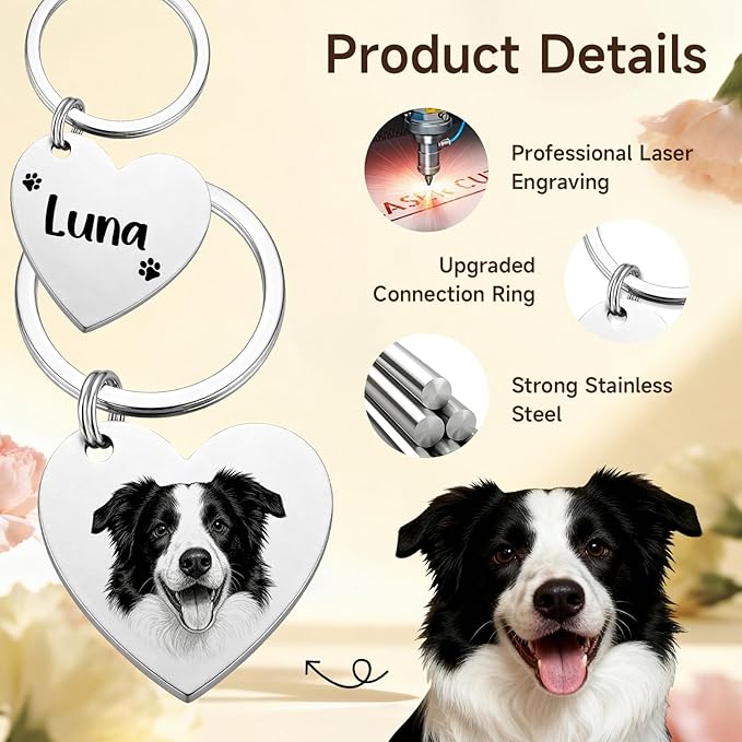 Custom Dog or Cat Portrait Keychain, Personalized Photo Engraved Keychains with Name, Customized Pet Memorial Gifts for Loss of Pets (Heart Shape)