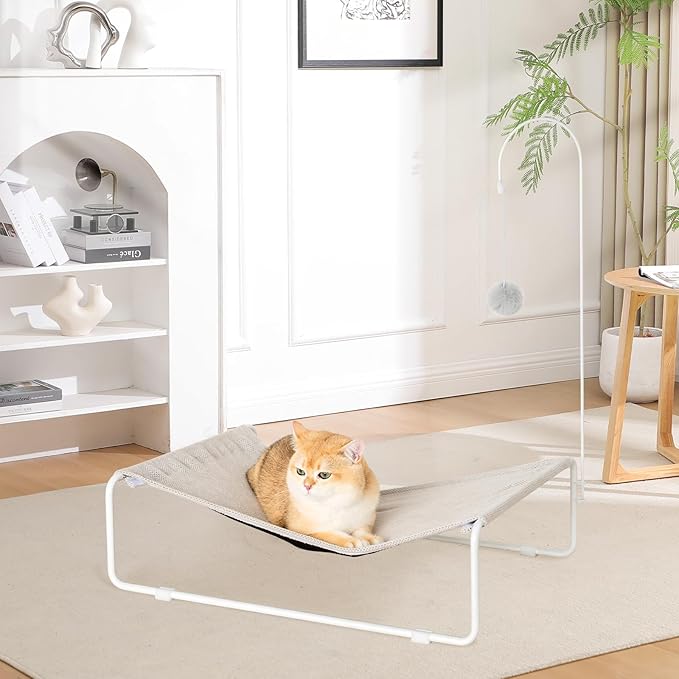 Elevated Cat Hammock Bed,Large Breathable Cat Beds for Outdoor and Indoor,Water Repellent Fabric,with Hanging Ball Toy,Removable Cover,Portable Pet Bed Raised Cuddler for Sleeping Kittens, Small Dog