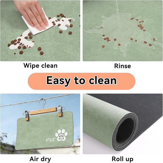 Dog Cat Feeding Mat-Absorbent Pet Bowl Mat for Food and Water, Quick Dry Water Dispenser Mat for Floors with Waterproof Rubber Backing, Puppy Cat Placemat Mats for Messy Drinkers,12"x20",Sage Green