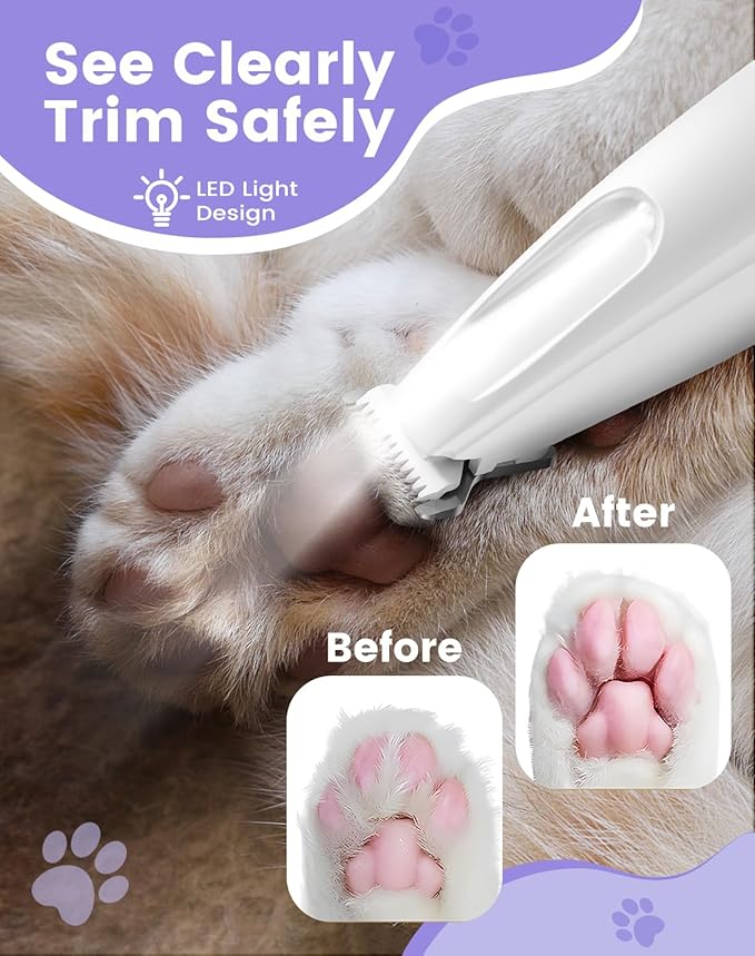 Dog Paw Trimmer with LED Light, 35dB Low Noise Paw Trimmers for Dog's Feet, 2 Speed Safety Electric Dog Clippers for Grooming, Rechargeable Cat Shaver for Paws, Ears, Face, Rump (White)