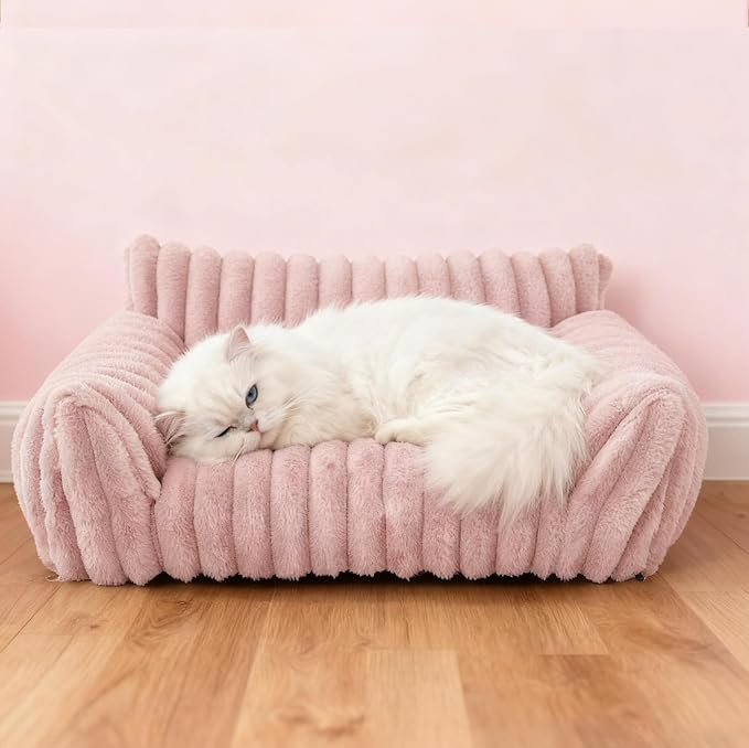 Cat Couch for Pets - Cute Cat Beds for Indoor Cats with Removable Cover, Washable Soft Corduroy Plush, Fluffy Supportive Pet Sofa Chair for Cats, 24 inch Pink