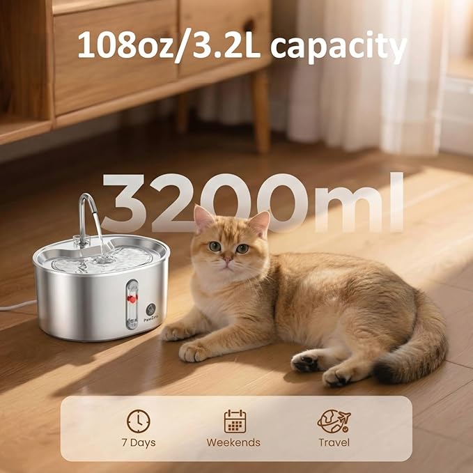 Cat Fountain 3.2L Large Capacity, Ultra Quiet 18dB Water Dispenser, Enabled Multi-Stage Filtration, Includes 4 Extra Filters