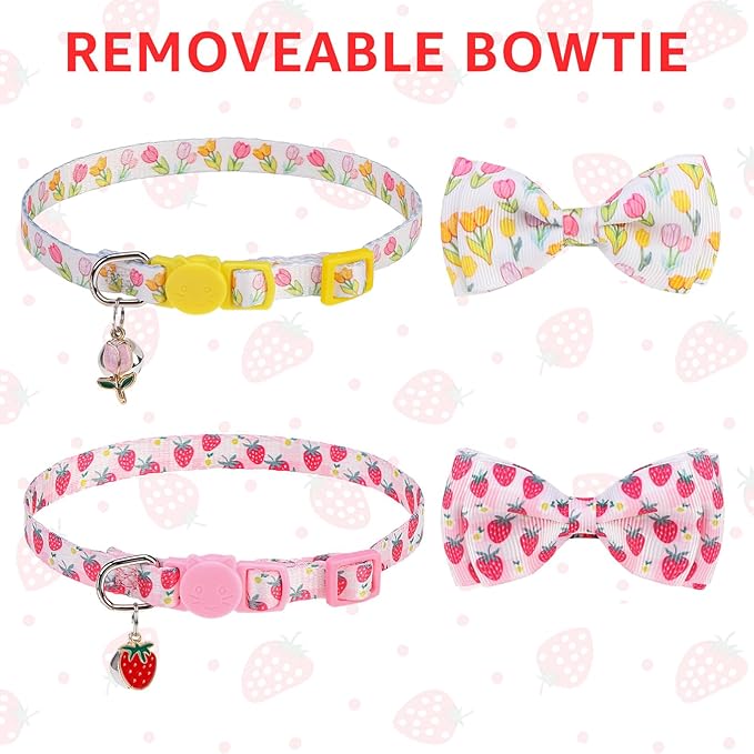 SCENEREAL Breakaway Cat Collar with Bell, 2 Pack Safety Adjustable Cat Collars with Pendant, Pink Personalised Puppy Kitten Collar with Bow for Spring Summer, Strawberry Tulip