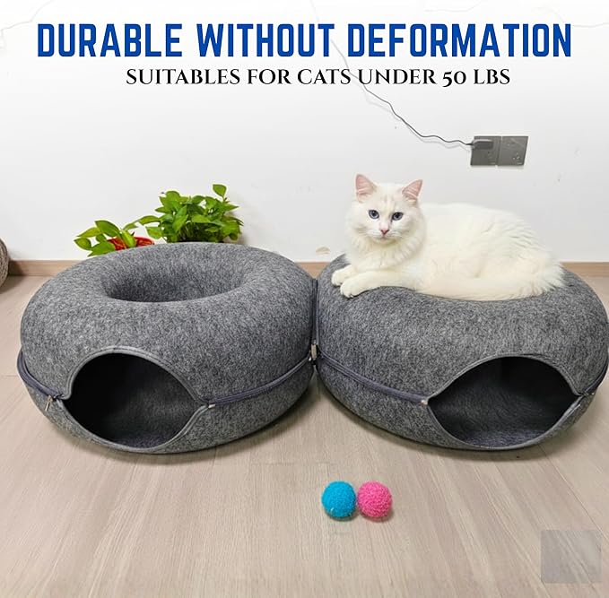 Trivon Peekaboo Cat Tunnels for Indoor Cats, Cozy Indoor 8-Shaped Donut Hideaway Bed with 12 Toy Balls, Bonus Bird Toy and Toy Gun, Scratch-Resistant, Detachable & Washable Design