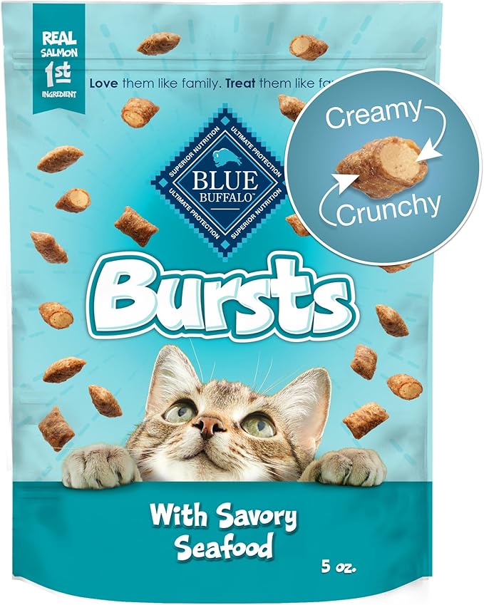 Blue Buffalo Bursts Crunchy & Creamy Cat Treats, Great for Training, Savory Seafood, 5-oz Bag (Pack of 6)