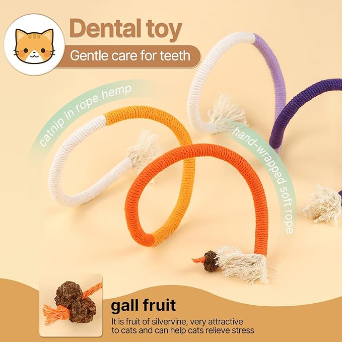 YUDANSI Catnip Toys for Indoor Cats, Snaky Rope Toys with Gall Fruit for Cat Playing Chewing Teeth-Cleaning, Interactive Cat Chew Toy in Assorted Colors for Teething Pets, 3Pcs, No-Squeaky