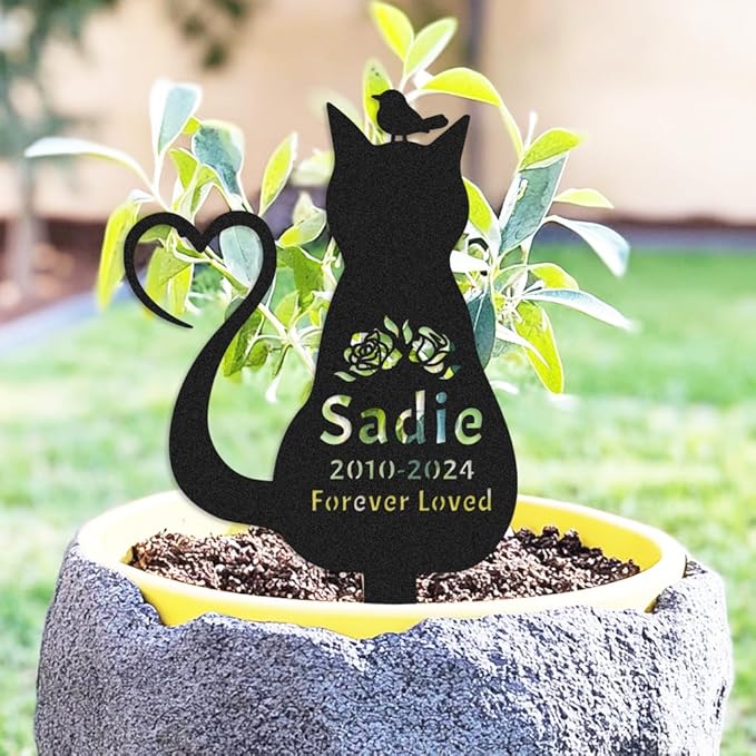 Custom Cat Memorial Grave Marker with Bird and Heart, Personalized Flowers Cat Memorial Stake Metal Garden Sign, Customized Pet Cat Sculpture Memorial Plaque for Cemetery Grave Yard Sign