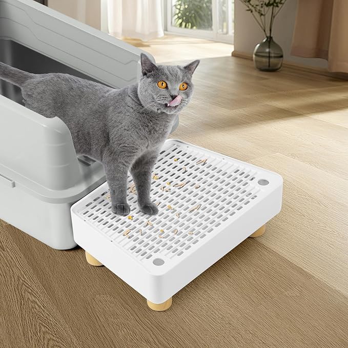 Extra Large Cat Litter Box Step Ramp, Cat's Litter Catcher Mat with Wooden Feet, Filter Function, Pedal Stool for Self-Cleaning Cat Litter Box, Ideal for Kitten & Elderly Cats (White)