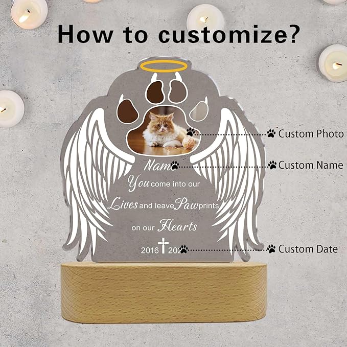 Custom Pet Memorial Night Light Gift Personalized Dog Cat Acrylic Plaque Photo Frame Sympathy Gift Condolence Gifts with Picture Name Date(Cat Paw Wing)