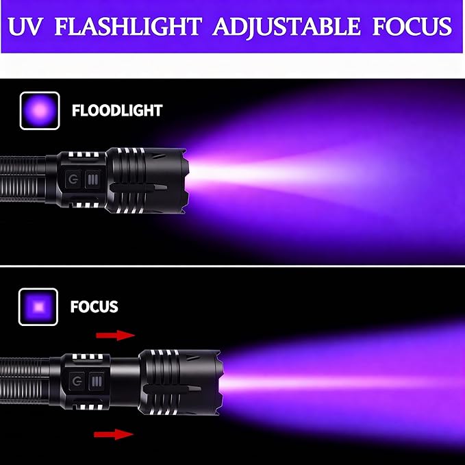 2-in-1 UV Flashlight 365nm & High Lumens LED, 5000mAh Rechargeable Tactical Torch, Zoomable Black Light for Pet Urine Detector, Rock Hunting, Resin Curing, Scorpions