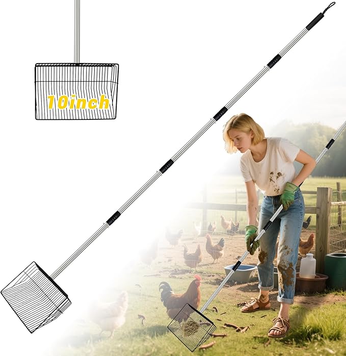 Metal Chicken Poop Scooper, 5-in-1 Detachable Chicken Coop Scoop Rake, Long Stainless Steel Handle, Chicken Litter Scoop Sifting Shovel Chicken Coop Scooper for Sand (10inch Large)