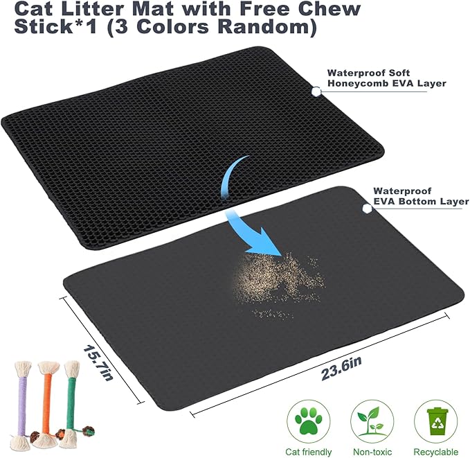 Cat Litter Mat 23.6"x15.7" Double Layer Waterproof & Non-Slip - Honeycomb Washable EVA Litter Mat for Scatter Control, Urine Proof Litter Trapping Mat for Litter Box(Black)