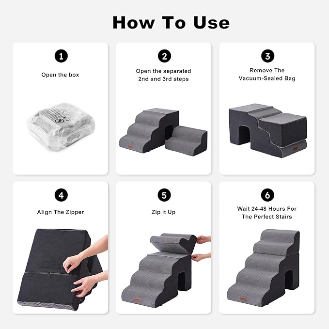 Dog Ramp for Large Dogs - 24" H 5 Steps Pet Stairs for High Bed with Tunnel 2 in 1 with Zippers Suitable, Indoor Cat Ladders with Non-Slip Bottom, Black