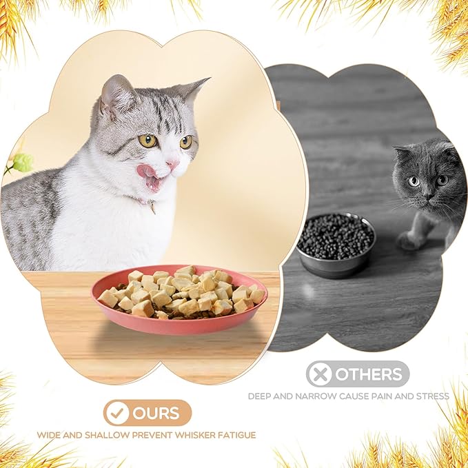 8 Pcs Whisker Fatigue Cat Bowls, 6 Inch Shallow Cat Food Dish Wide Cats Feeding Bowls, Wheat Straw Pet Plate for Kittens and Short Legged Cats