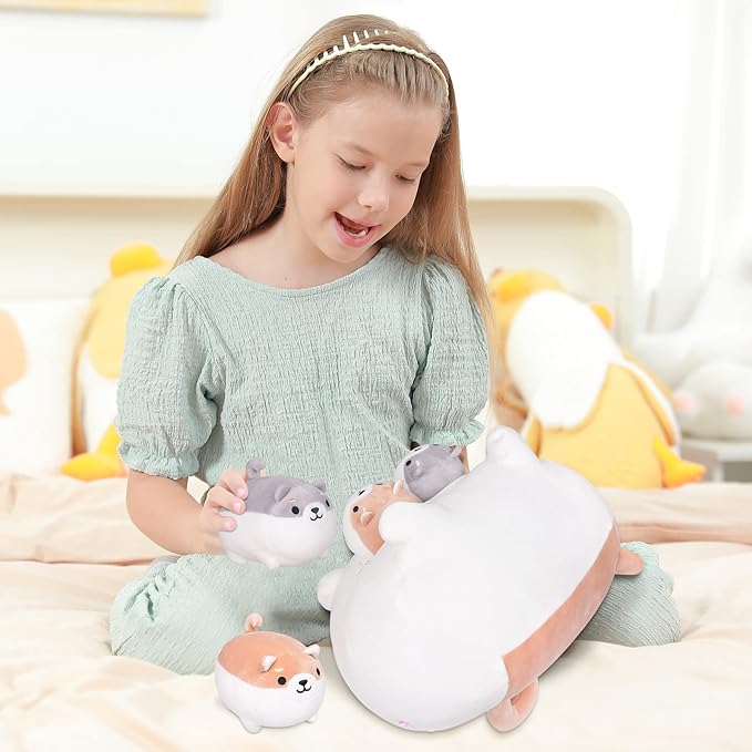 Shiba Inu Plush, 5 PCS Shiba Inu Stuffed Animal Family, 16" Corgi Plushie Cute Soft Plushies Pillow Toy Anime Kawaii Plush Soft Corgi Pillow,Dog Mommy with 4 Puppies Toy Gifts for Boys Girls