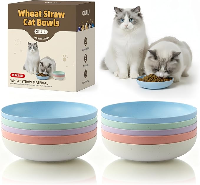 OLULU 10 Pack Cat Bowls, Whisker Friendly Kitten Dishes, Durable Wheat Straw Cat Food Bowls for Indoor Outdoor Cats
