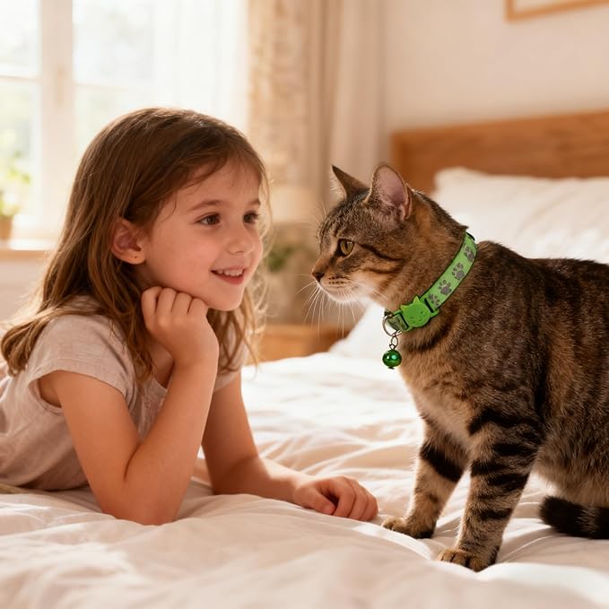 2 Pack Cat Collar with Bells, Breakaway Reflective Kitten Collars with Safety Buckle Adjustable for Girl and Boy Pets, Purple