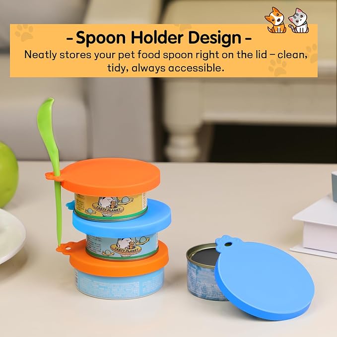 Lydia’s Deal Pet Food Can Covers 2-Pack, Thick Silicone Universal Can Lids for Dog & Cat Food, Fits 3oz/5.5oz/12oz, Airtight Seal, Durable & Dishwasher Safe, Easy Grip with Spoon (Blue & Orange)