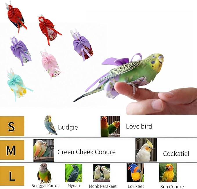 6pcs Bow Bird Diaper Set, Soft Reusable Flight Suit Clothing for Parrots Budgies Cockatiels — Cleaner Indoor Bonding & Training (S)
