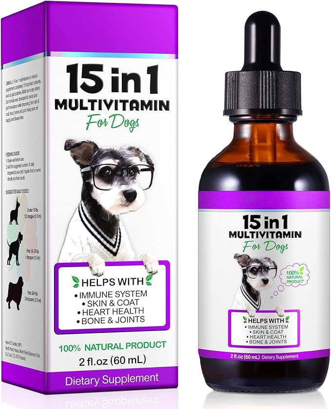 Dog Multivitamin Liquid - 15 in 1 Dog Vitamins Multivitamin, Support Skin & Coat, Heart, Bones and Joint Health, Pet Vitamins and Supplements (2 Fl Oz)