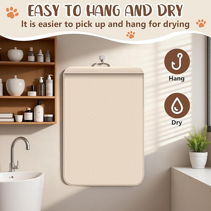 Silicone Cat Litter Mat with Collection Pocket, 42" x 28" Large Cat Litter Box Mat Waterproof Anti-Slip Litter Trapping Mat with Edge and Handle Pet Placemat for Floors (Beige)