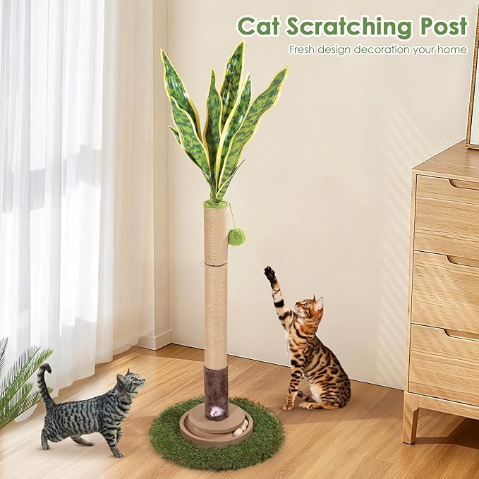 Cat Scratching Post, 35 Inch Tall Cat Scratcher Cat Tree Tower with Hanging Ball for Indoor Cats Adults,Snake Plant Sisal Rope Kitten Scratch with Interactive Mouse Cat Toy