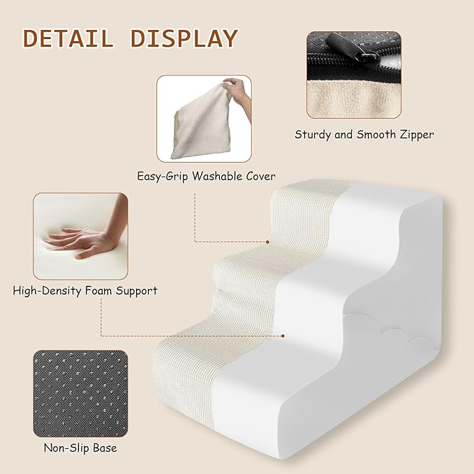 Pet Dog Stairs for Small Dogs, 2 in 1 Transformable 3-Step Pet Stairs and Wave Anti-Fall Slope for Short Legs and Long Legs Dog, for Couch (12-19 in) with Durable Non-Slip Waterproof Cover（Beige）