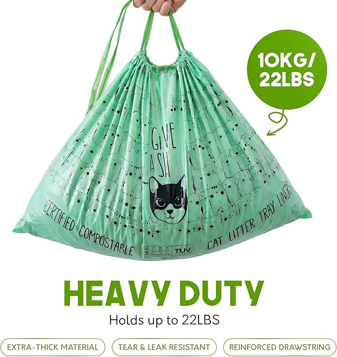 Home Compostable Cat Litter Box Liners, Jumbo XL 36” x 19” Drawstring - Extra Thick Heavy Duty Litter Box Bags, Tear Resistant & Leak-Proof Cat Liners for Easy Cleanup - Pack of 10