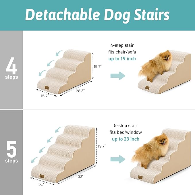 Dog Stairs for Small Dogs 19.7"H, 5-Step Sturdy Foam Dog Steps for Couch, Bed or Sofa, Curved Pet Stairs for Puppy and Older Cat, Doggie Ladder with Washable Cover, 15.7x33x19.7 inch, Beige