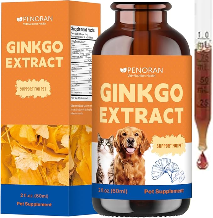 Pet Ginkgo Brain & Heart Support Drops, for Dogs & Cats: Cognitive & Memory Support, Blood Pressure, Cholesterol, Fights Mental Fog, with Curcumin & Lecithin & Multivitamins ﻿