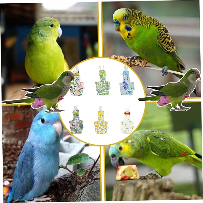 6-Piece Bird Diaper Set for Parrots, Reusable Protective Flight Suits with Waterproof Inner Layer, Washable Urine Wet Suit for Cockatiel, Parakeet, Budgie, and Small Birds (M)