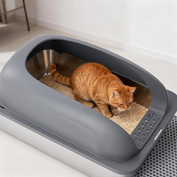 OLIXIS Stainless Steel Cat Litter Box with Lid, Large Cat Litter Box for Big Cats, High Wall Sides, Anti-Urine Leakage, Easy Cleaning, Scoop and Mat Included, Dark Gray
