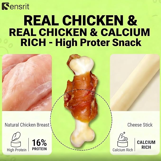 Chicken Wrapped Cheese Bone Dog Treats for All Dogs - 10oz (285g) High Protein Jerky Sticks - Rawhide-Free Calcium Rich Dog Snacks - Healthy Training Rewards & Teeth Cleaning Chews