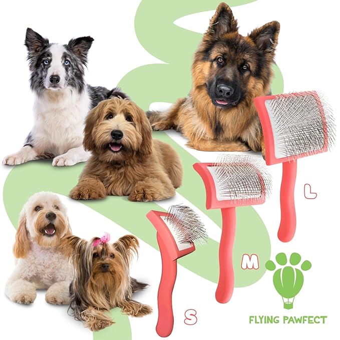 Premium Slicker Brush With Soft Massage Grooming Stainless Steel Pins - For Dematting, Shedding Fur, and Undercoat - Ideal Gift for Professional Pet Groomers - Long Slicker Brush (Coral, Curved Large)