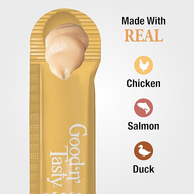 Good ‘n’ Tasty Savory Spoonables with Real Chicken, Salmon & Duck, 6 Count Tube, Triple Flavor Squeezable Lickable Wet Treats for Cats with Built-in Spoon for Less Mess