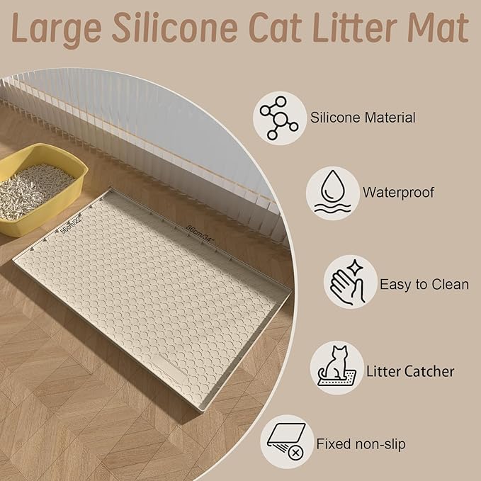 Large Cat Litter Mat 34"x22", Cat Litter Trapping Mat For Litter Box, Silicone Pet Feeding Mat With Raised Edges Waterproof, Beige